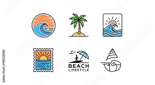 Set of modern line art icons conveying beach and summer elements, featuring waves, palm trees, sun, surf, with a minimalist, geometric style and suitable for branding or travel concepts.