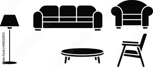 Living room furniture silhouette icons set including sofa armchair table lamp and chair isolated on minimal clean background