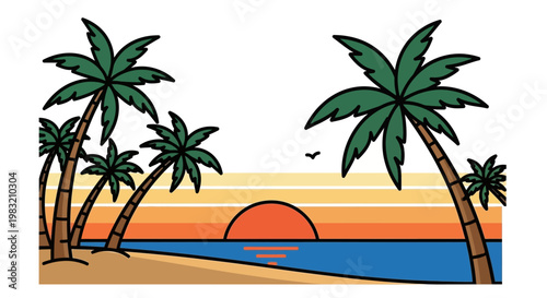 A serene tropical seaside scene with stylized palm trees silhouetted against a colorful sunset over the ocean, evoking vacation vibes and summer travel, perfect for prints and designs.