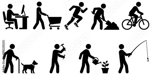 A collection of black silhouette figures engaged in various daily activities including working at a computer shopping running gardening and cycling activity icon person human