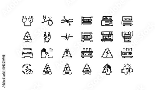 Electric shock hazard icon set textile industry black and white line art safety symbols industrial vector collection