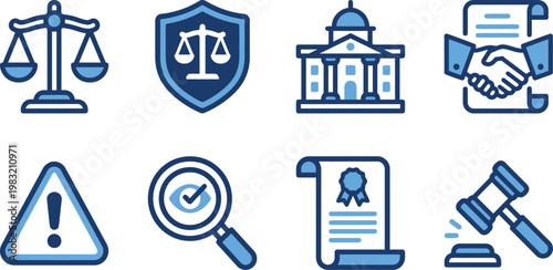 Legal and justice icons set law court and regulation symbols