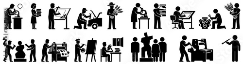Diverse pictograms illustrate people engaged in various professions including science engineering farming art and manual labor in a collection of icons occupation job career
