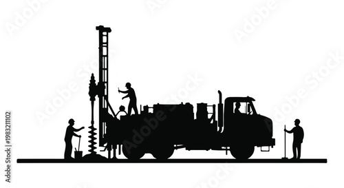 Silhouette of a truck-mounted drilling rig with workers at a construction site