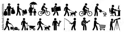 A collection of black pictogram icons depicting people engaged in various everyday activities hobbies and work tasks person activity silhouette man woman child dog bicycle