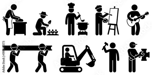 A collection of black stick figures representing various professions including cooking farming painting playing guitar construction and plumbing occupation job career diverse