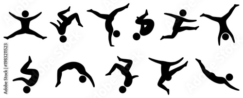 Collection of black silhouette figures performing various gymnastic and acrobatic movements showcasing dynamic poses and athletic skill gymnastics acrobatics fitness sport