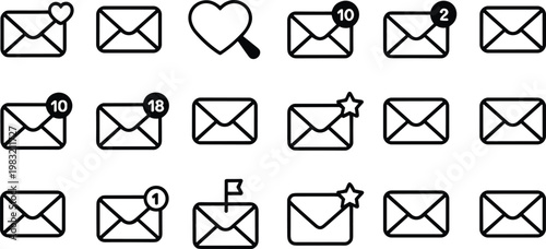 email message outline icons set, inbox notification symbols, mail communication collection, minimal app interface elements, vector messaging illustration isolated