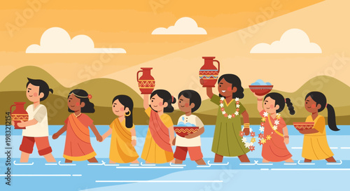 Children carrying pots and offerings in a procession.