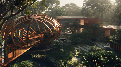 Sustainable eco-friendly treehouse with wooden bridge in forest