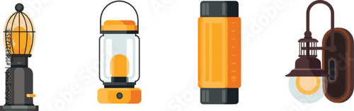 Modern and vintage lamp collection illustration, decorative lighting fixtures set, wall lamps and lanterns, interior illumination design vector isolated