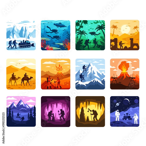 Adventure Montage: Diverse Exploration Scenes - Ice, Ocean, Jungle, Desert, Volcano, Mountains, Caves, Space