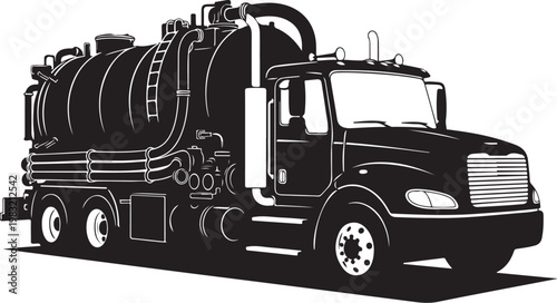 Black, industrial vacuum truck, waste management vehicle, suction tanker