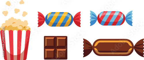 Sweet snacks and candy collection illustration, popcorn chocolate and wrapped sweets set, colorful dessert food icons, vector isolated on white