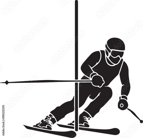 Skiing, Slalom, Ski Racer, Black Icon, Vector Sports Graphic