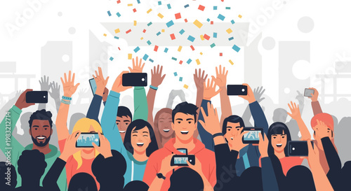 Crowd of people celebrating with confetti and phones.