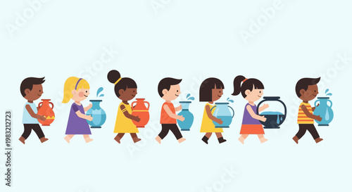 Diverse children carrying pottery and vases.