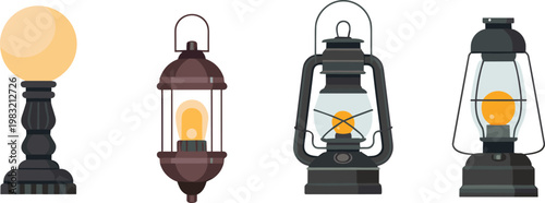 Vintage lantern and lamp collection illustration, classic lighting equipment set, retro oil lamps and bulb designs, vector isolated on white