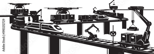 Industrial robotic assembly line, manufacturing production, factory automation, robotics vector