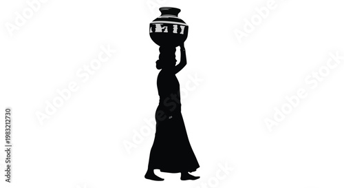 Silhouette of a woman carrying a water pot on her head in a rural setting