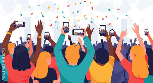 Diverse crowd capturing moments with smartphones at an event.