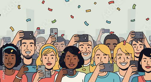 Diverse crowd of people capturing moments with smartphones.