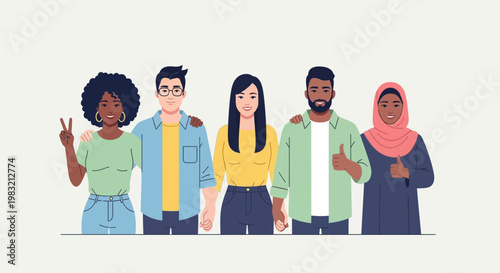 Diverse group of five young adults standing together happily.