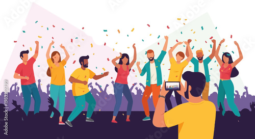 Diverse group of friends dancing and celebrating together.