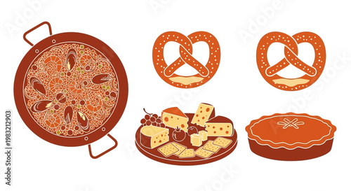 Assortment of Delicious Food Items: Paella, Pretzels, Cheese Platter, and Pie