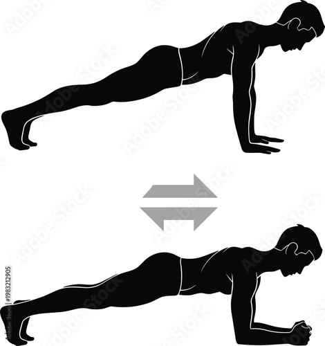 Black Silhouette Vector Illustration Showing a Man Demonstrating Proper Plank to Forearm Plank Transition for Fitness Exercise and Workout Guidance
