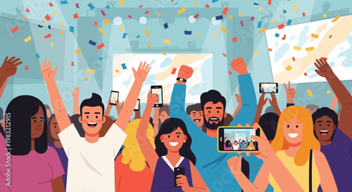 Diverse group of happy people celebrating with confetti and phones.