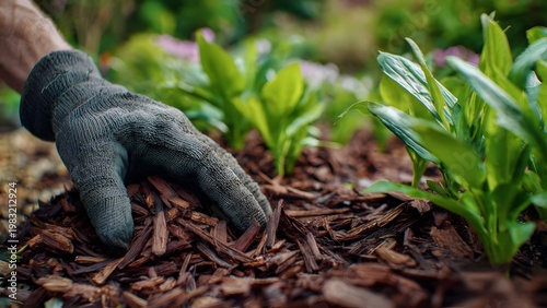 Close‑up of a gardener’s gloved hand gently placing wood chip mulch on rich soil around young green plants in a sunlit garden bed