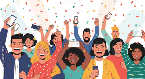 Diverse group of happy people celebrating with smartphones.
