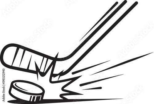 Hockey stick hitting puck, ice hockey action, sports illustration, black and white vector