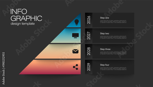 Pyramid or funnel template infographic with triangle standing shape with point stacked list with 4 point dark background. Timeline template with blue and red gradient color blocks