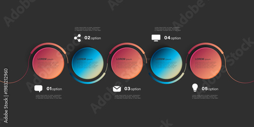 Timeline template with blue and red gradient color blocks. Vector Infographic template with business icons and 5 options or steps
