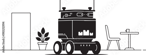 Robot, service bot, delivery robot, indoor robot, line art, black and white illustration,  vector graphics