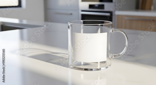 A glass coffee cup mockup with a blank label area, professional branding presentation style, placed on a modern kitchen table.