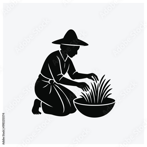 Silhouette of farmer harvesting rice, agriculture, rural scene