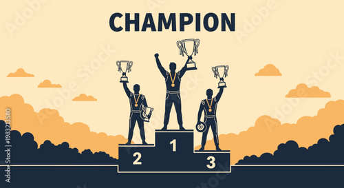 Champion Podium Winners Celebrate Victory with Trophies and Medals