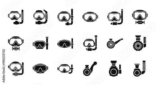 Scuba diving masks, snorkeling gear icons, 20 black vector graphics, diving equipment symbols, ocean exploration illustrations