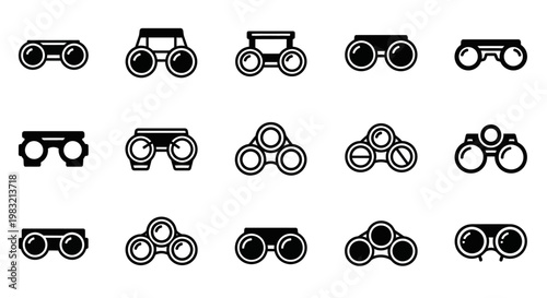 Binocular icons, vector binoculars set, black and white optics symbols, observation tools collection