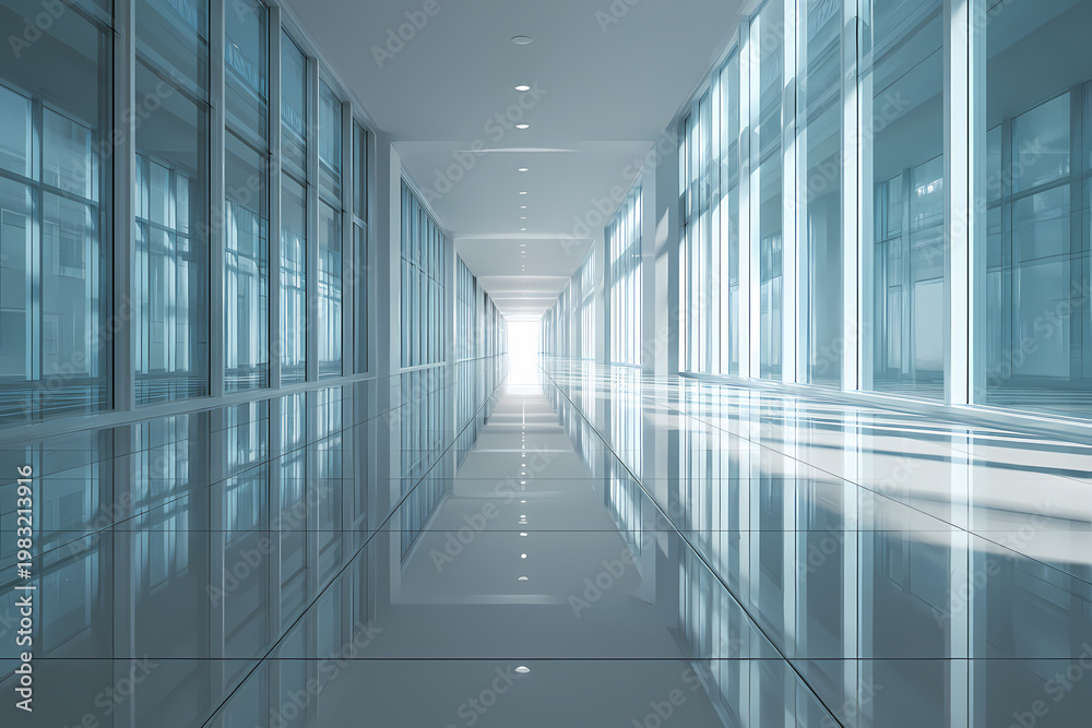 Obraz premium Minimal Glass Corridor with Reflections and Light