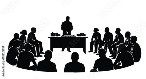 Silhouette of a community meeting or workshop with a facilitator leading the group