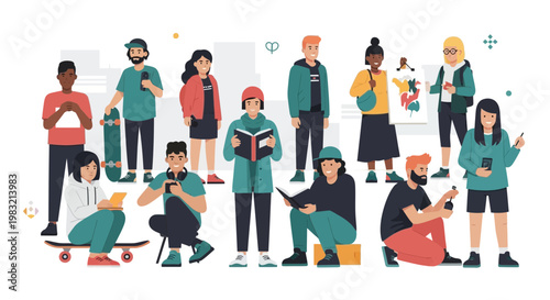 Diverse group of young people engaged in various activities.