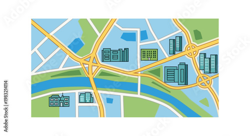 City Map Navigation with Buildings and River