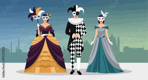 Elegant Venetian Masquerade Costumes on Display.