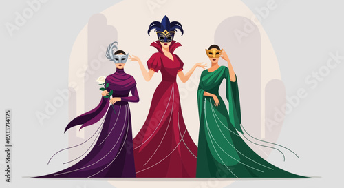 Elegant Women in Venetian Masquerade Costumes.