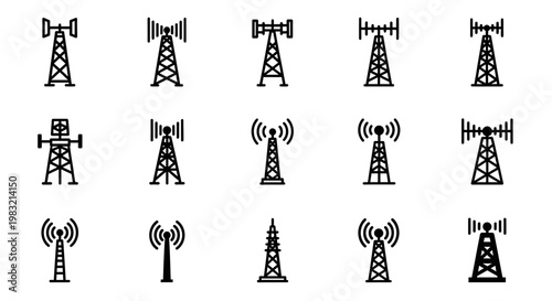 Cell tower icons, communication tower symbols, mobile network antennas, 20 black telecom tower graphics