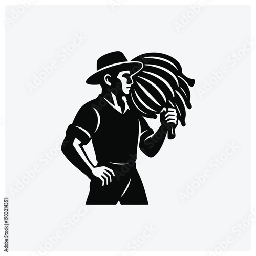 Man carrying bananas silhouette, farm worker, rural produce
